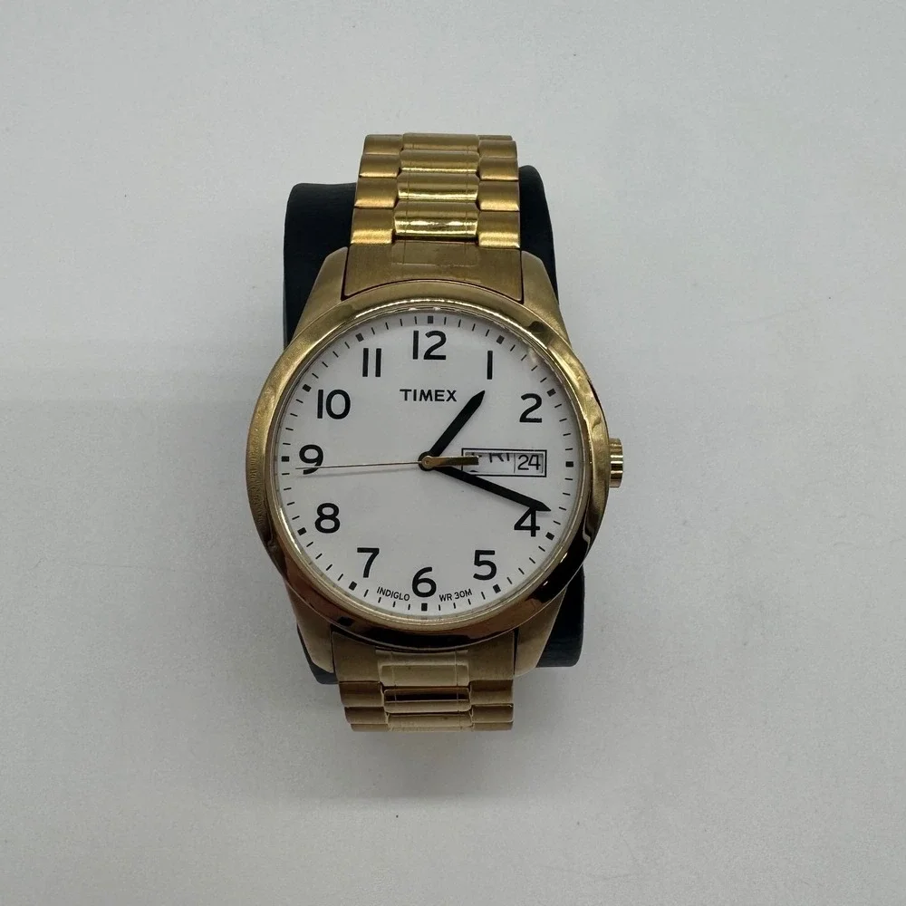 Timex Indiglo Easy Reader Gold Tone Expansion Band Watch White Dial Day Date W3